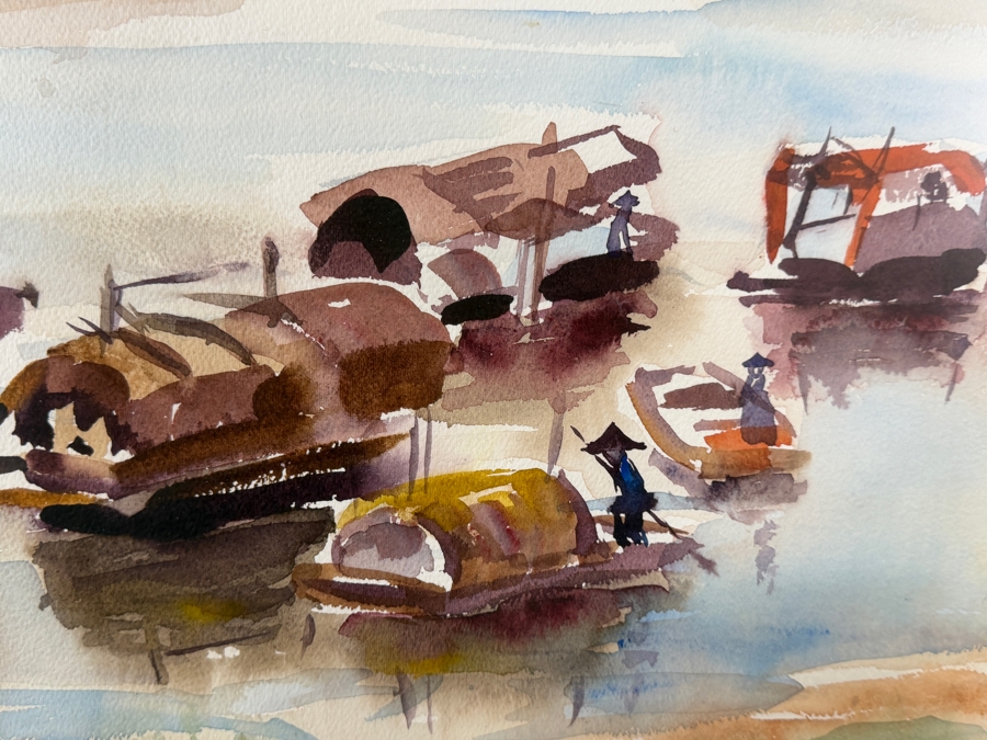 A. DeWeese Mid Century Style Watercolor Impressionist Painting Of Asian Sampan Houseboats 24W X 17H Framed: 29W X 23H [Photo 5]