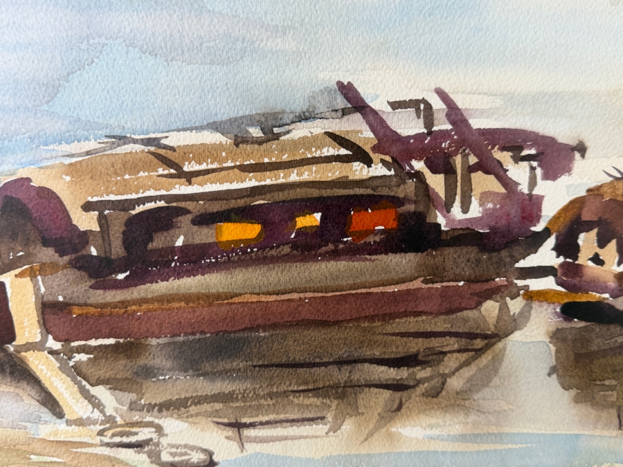 A. DeWeese Mid Century Style Watercolor Impressionist Painting Of Asian Sampan Houseboats 24W X 17H Framed: 29W X 23H [Photo 4]