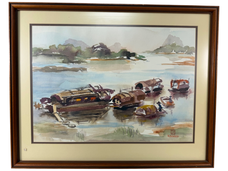 A. DeWeese Mid Century Style Watercolor Impressionist Painting Of Asian Sampan Houseboats 24W X 17H Framed: 29W X 23H