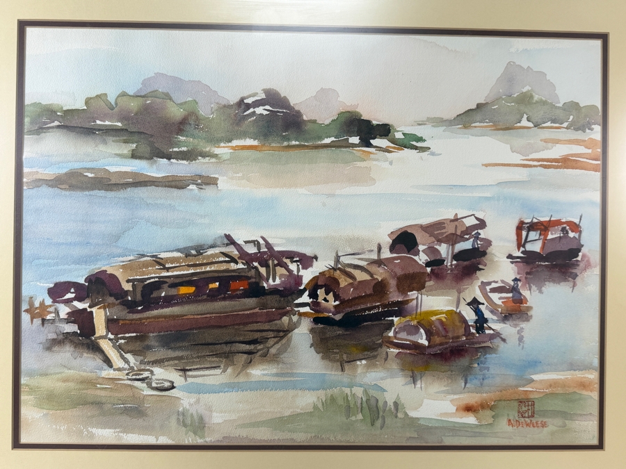 A. DeWeese Mid Century Style Watercolor Impressionist Painting Of Asian Sampan Houseboats 24W X 17H Framed: 29W X 23H [Photo 3]