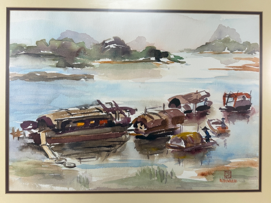 A. DeWeese Mid Century Style Watercolor Impressionist Painting Of Asian Sampan Houseboats 24W X 17H Framed: 29W X 23H [Photo 2]