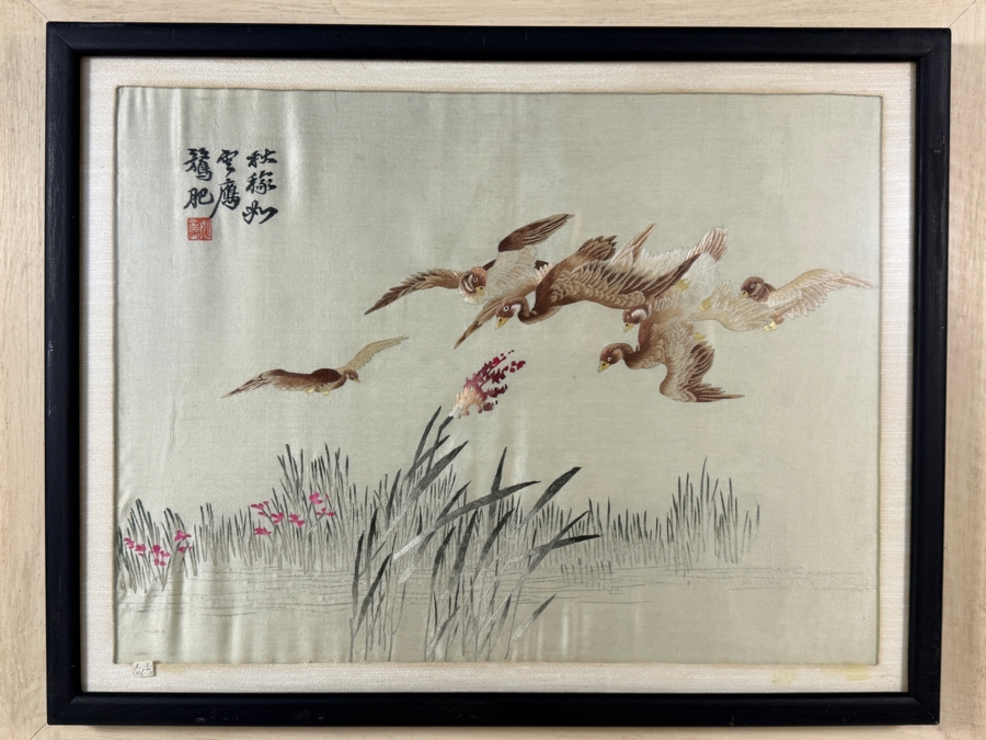 Antique Yao Yi Chinese Xiang Embroidery Silk Panel Depicting Wild Geese Flying Over Reeds 19W X 14.5H Framed 27W X 22.5H