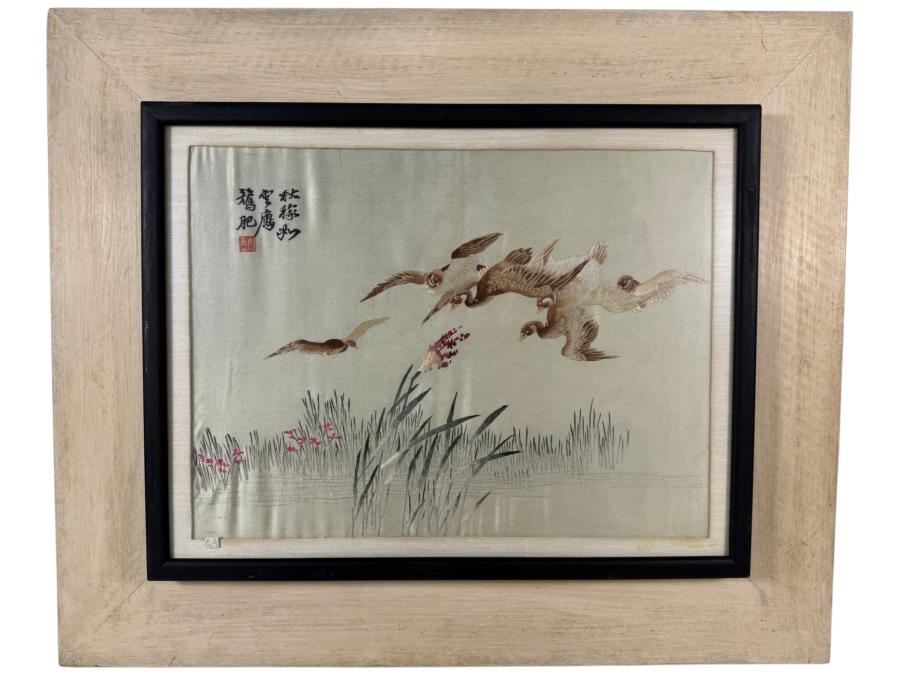 Antique Yao Yi Chinese Xiang Embroidery Silk Panel Depicting Wild Geese Flying Over Reeds 19W X 14.5H Framed 27W X 22.5H [Photo 2]