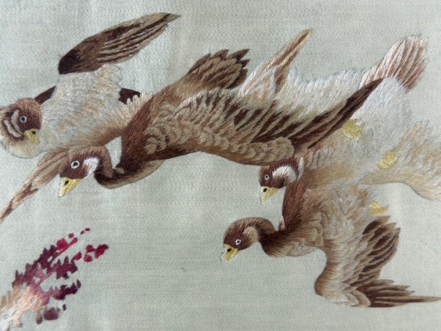 Antique Yao Yi Chinese Xiang Embroidery Silk Panel Depicting Wild Geese Flying Over Reeds 19W X 14.5H Framed 27W X 22.5H [Photo 3]