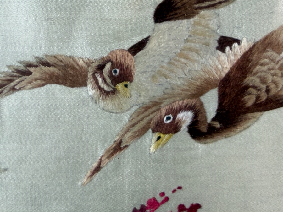 Antique Yao Yi Chinese Xiang Embroidery Silk Panel Depicting Wild Geese Flying Over Reeds 19W X 14.5H Framed 27W X 22.5H [Photo 4]