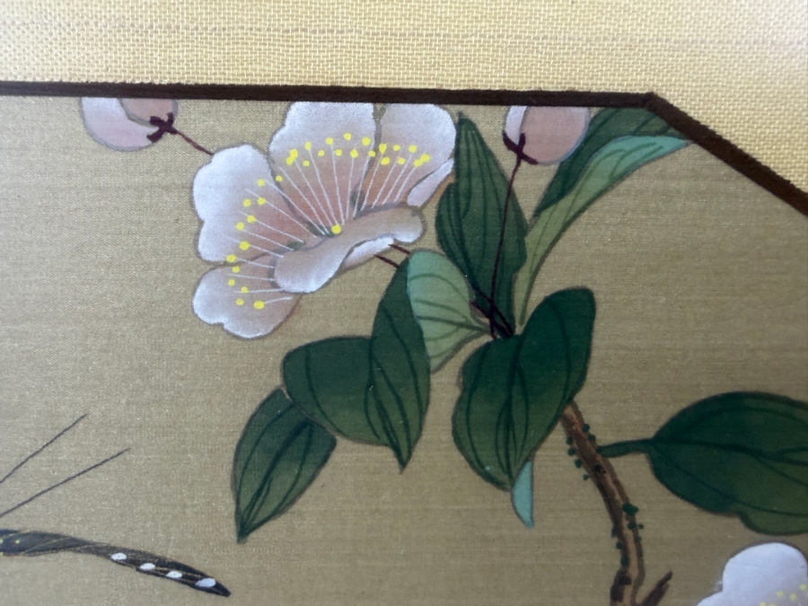 Libo Chinese Style Octagonal Silk Panel Painting Depicting Butterfly and Apple Blossoms 11.5W X 8.5H Framed 18.5W X 15.5H [Photo 4]