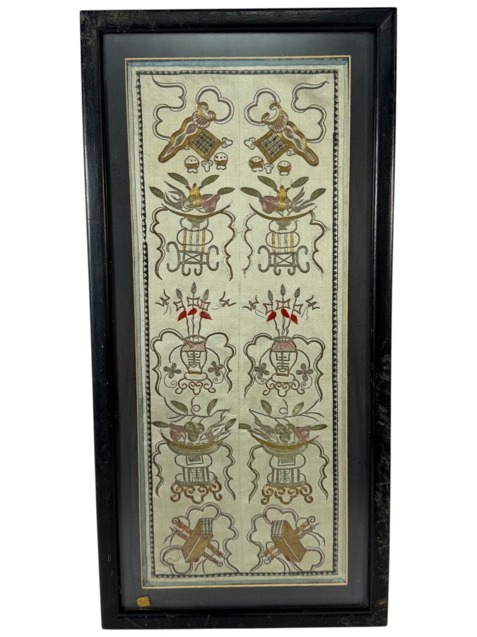 Late Qing Dynasty Embroidered Silk Sleeve Band Robe Panel Featuring Precious Vessels And Scholarly Treasures 7.5W X 19.5H Framed 11W X 22H