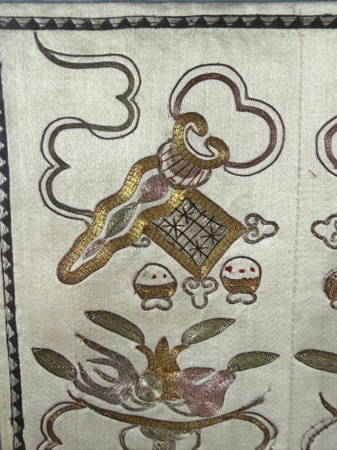 Late Qing Dynasty Embroidered Silk Sleeve Band Robe Panel Featuring Precious Vessels And Scholarly Treasures 7.5W X 19.5H Framed 11W X 22H [Photo 3]