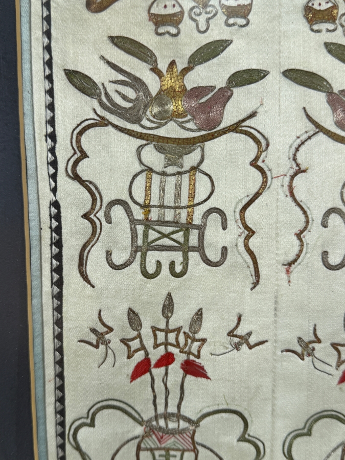Late Qing Dynasty Embroidered Silk Sleeve Band Robe Panel Featuring Precious Vessels And Scholarly Treasures 7.5W X 19.5H Framed 11W X 22H [Photo 4]