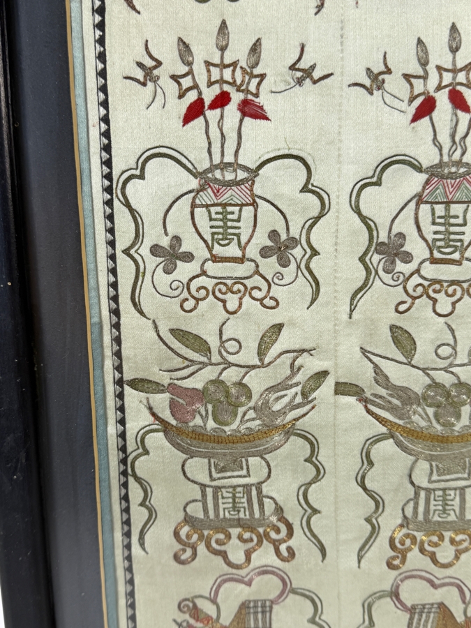 Late Qing Dynasty Embroidered Silk Sleeve Band Robe Panel Featuring Precious Vessels And Scholarly Treasures 7.5W X 19.5H Framed 11W X 22H [Photo 5]