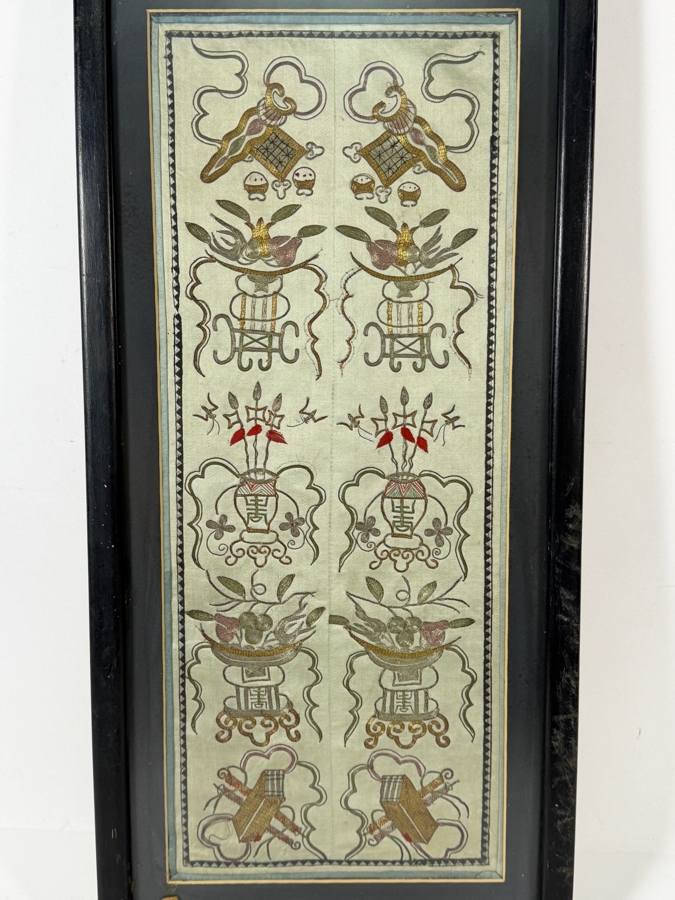 Late Qing Dynasty Embroidered Silk Sleeve Band Robe Panel Featuring Precious Vessels And Scholarly Treasures 7.5W X 19.5H Framed 11W X 22H [Photo 2]