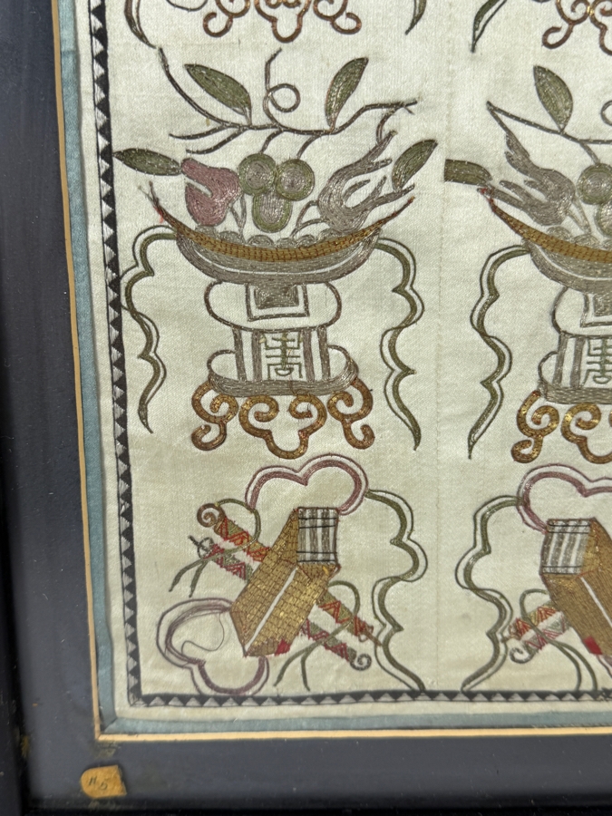 Late Qing Dynasty Embroidered Silk Sleeve Band Robe Panel Featuring Precious Vessels And Scholarly Treasures 7.5W X 19.5H Framed 11W X 22H [Photo 6]