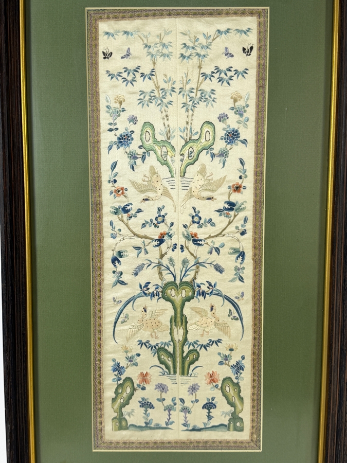 Late Qing Dynasty Symmetrical Silk Embroidery Sleeve Band Robe Panel Featuring Cranes and Scholar Stones 8W X 20H Framed 15W X 27.5H