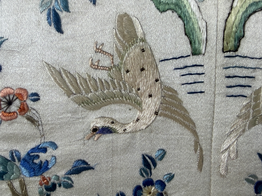 Late Qing Dynasty Symmetrical Silk Embroidery Sleeve Band Robe Panel Featuring Cranes and Scholar Stones 8W X 20H Framed 15W X 27.5H [Photo 5]