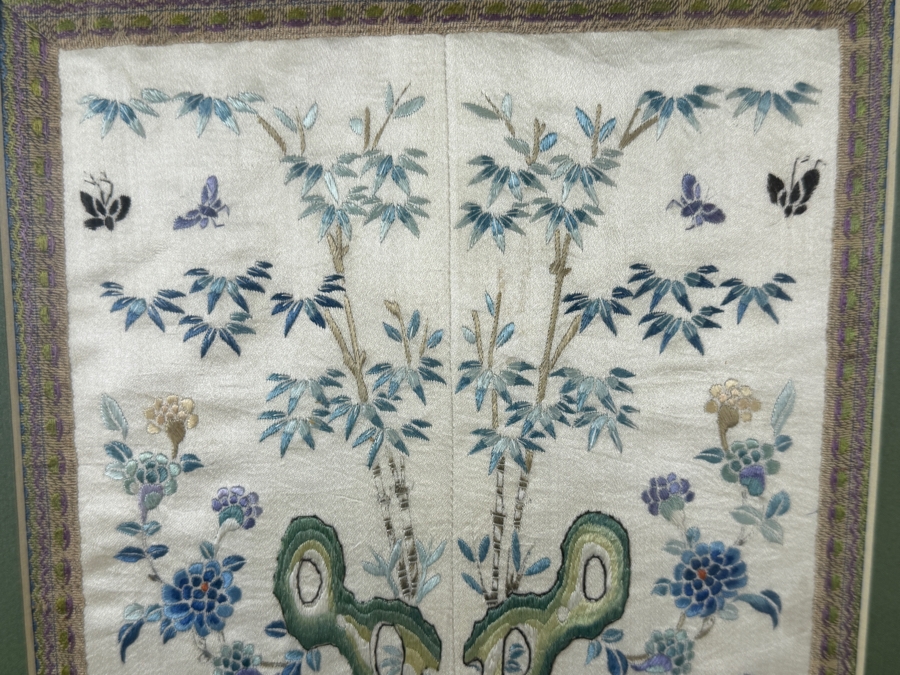 Late Qing Dynasty Symmetrical Silk Embroidery Sleeve Band Robe Panel Featuring Cranes and Scholar Stones 8W X 20H Framed 15W X 27.5H [Photo 6]