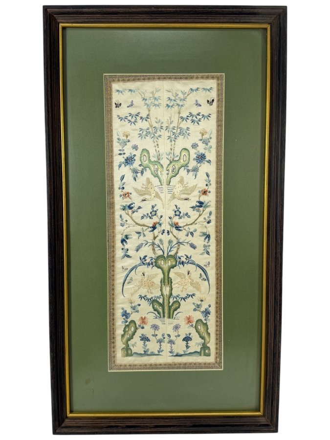Late Qing Dynasty Symmetrical Silk Embroidery Sleeve Band Robe Panel Featuring Cranes and Scholar Stones 8W X 20H Framed 15W X 27.5H [Photo 2]
