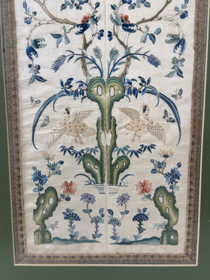 Late Qing Dynasty Symmetrical Silk Embroidery Sleeve Band Robe Panel Featuring Cranes and Scholar Stones 8W X 20H Framed 15W X 27.5H [Photo 3]