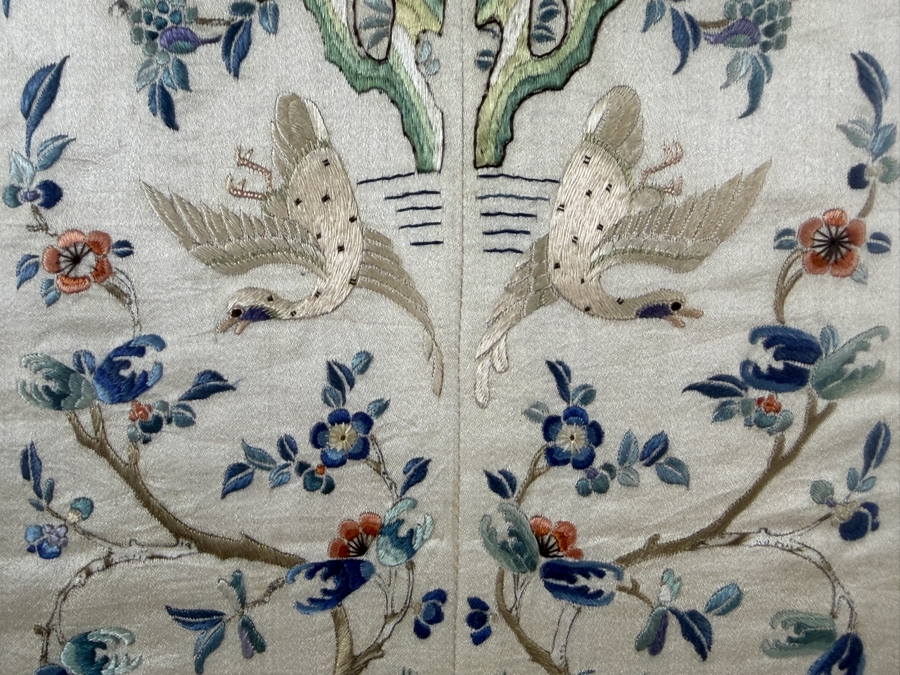 Late Qing Dynasty Symmetrical Silk Embroidery Sleeve Band Robe Panel Featuring Cranes and Scholar Stones 8W X 20H Framed 15W X 27.5H [Photo 4]