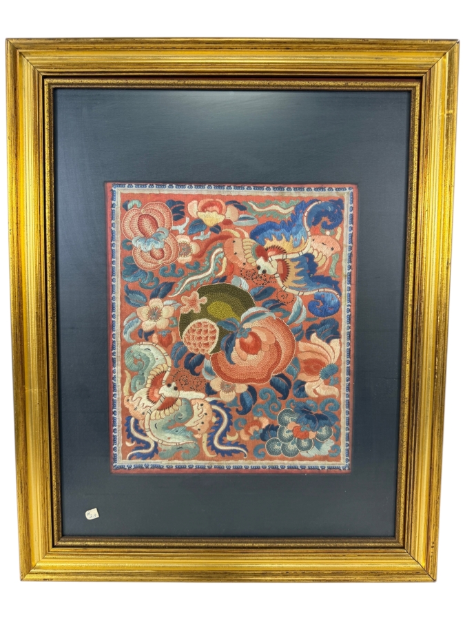 Late Qing Dynasty Embroidered Silk Panel Featuring Phoenix Birds Peonies And Peaches 9.5W X 11.5H Gilt Framed 15.5W X 20.5H [Photo 2]