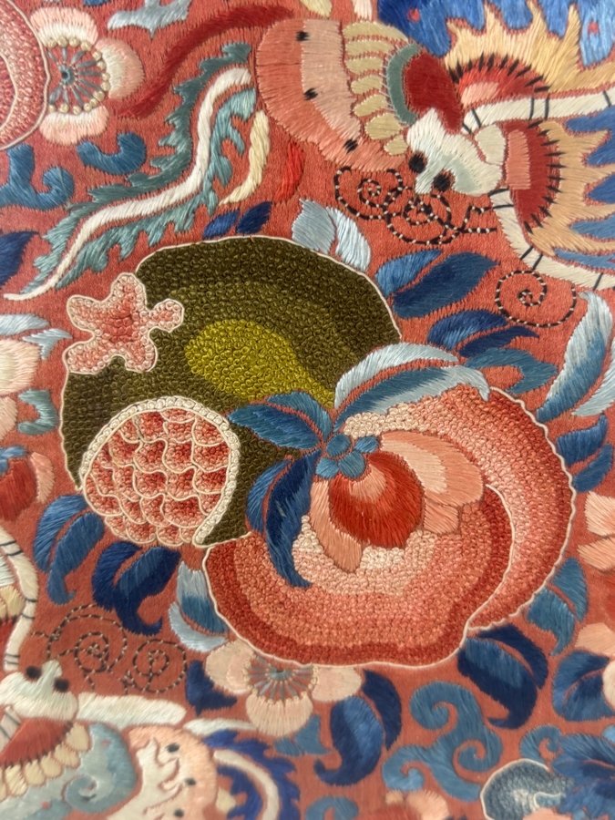 Late Qing Dynasty Embroidered Silk Panel Featuring Phoenix Birds Peonies And Peaches 9.5W X 11.5H Gilt Framed 15.5W X 20.5H [Photo 4]
