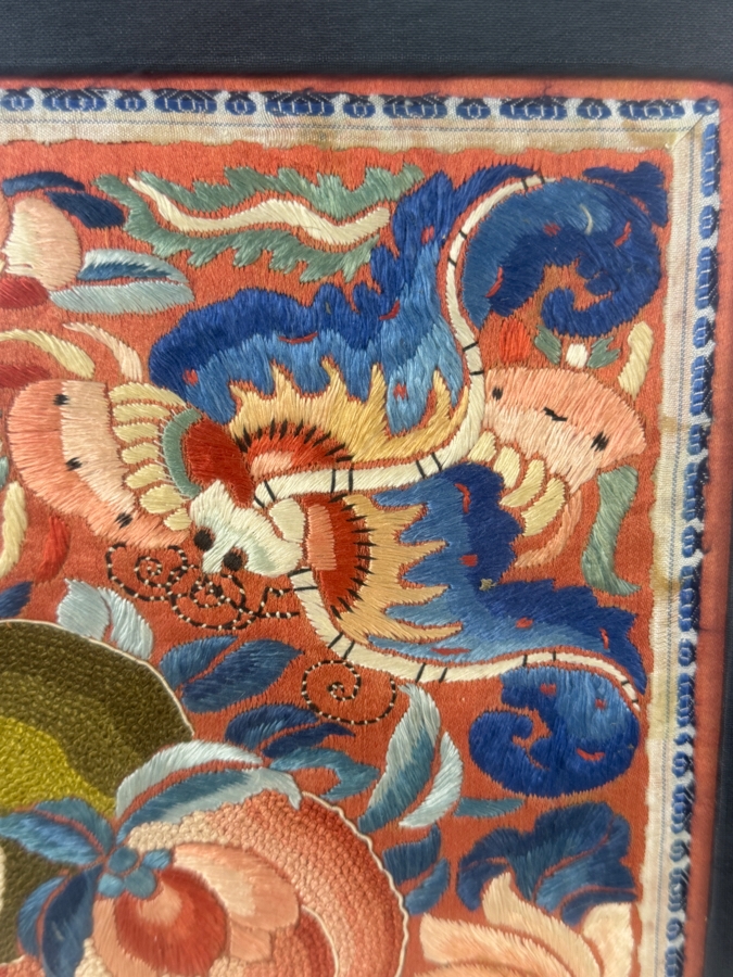 Late Qing Dynasty Embroidered Silk Panel Featuring Phoenix Birds Peonies And Peaches 9.5W X 11.5H Gilt Framed 15.5W X 20.5H [Photo 5]