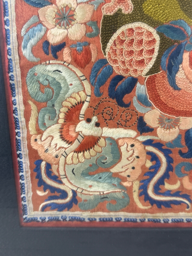 Late Qing Dynasty Embroidered Silk Panel Featuring Phoenix Birds Peonies And Peaches 9.5W X 11.5H Gilt Framed 15.5W X 20.5H [Photo 3]