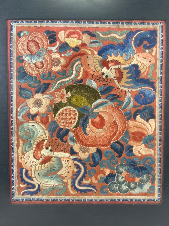 Late Qing Dynasty Embroidered Silk Panel Featuring Phoenix Birds Peonies And Peaches 9.5W X 11.5H Gilt Framed 15.5W X 20.5H