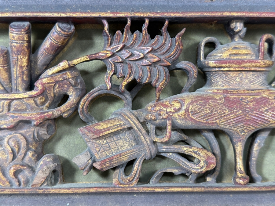 Antique Chinese Gilt Painted Openwork Wood Carving Panel Depicting Scholarly Treasures 18.5W X 6H Framed 24W X 12H [Photo 5]