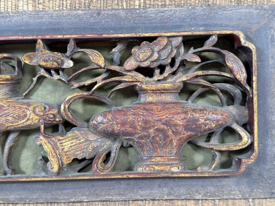 Antique Chinese Gilt Painted Openwork Wood Carving Panel Depicting Scholarly Treasures 18.5W X 6H Framed 24W X 12H [Photo 4]