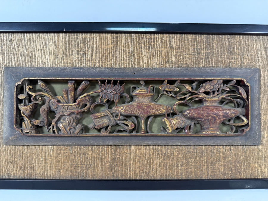 Antique Chinese Gilt Painted Openwork Wood Carving Panel Depicting Scholarly Treasures 18.5W X 6H Framed 24W X 12H [Photo 2]
