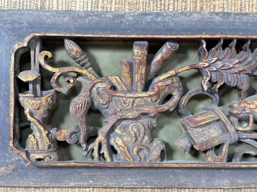Antique Chinese Gilt Painted Openwork Wood Carving Panel Depicting Scholarly Treasures 18.5W X 6H Framed 24W X 12H [Photo 6]