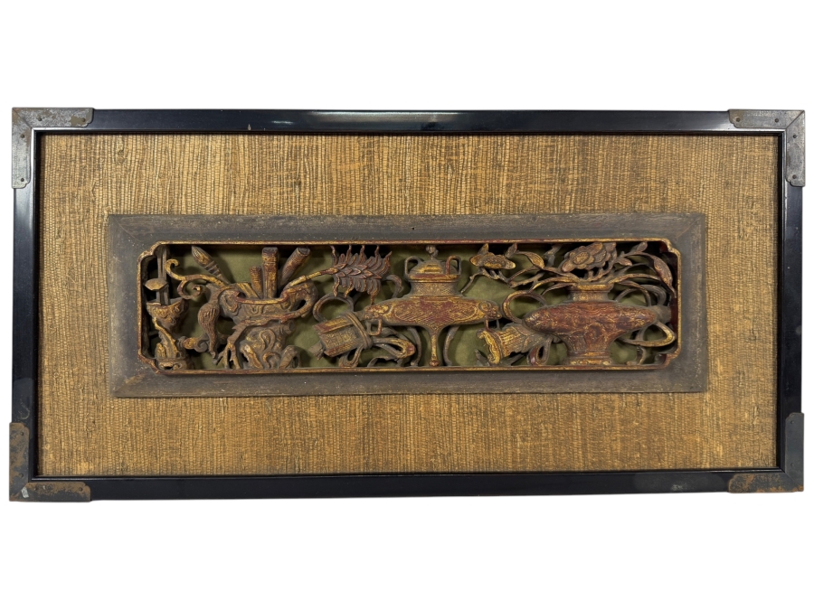 Antique Chinese Gilt Painted Openwork Wood Carving Panel Depicting Scholarly Treasures 18.5W X 6H Framed 24W X 12H