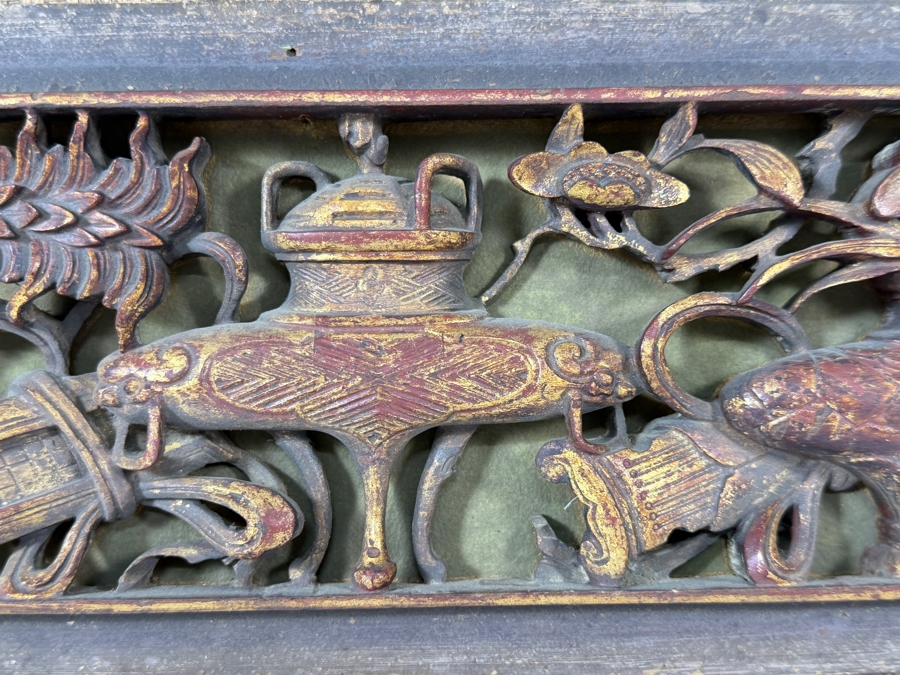 Antique Chinese Gilt Painted Openwork Wood Carving Panel Depicting Scholarly Treasures 18.5W X 6H Framed 24W X 12H [Photo 3]
