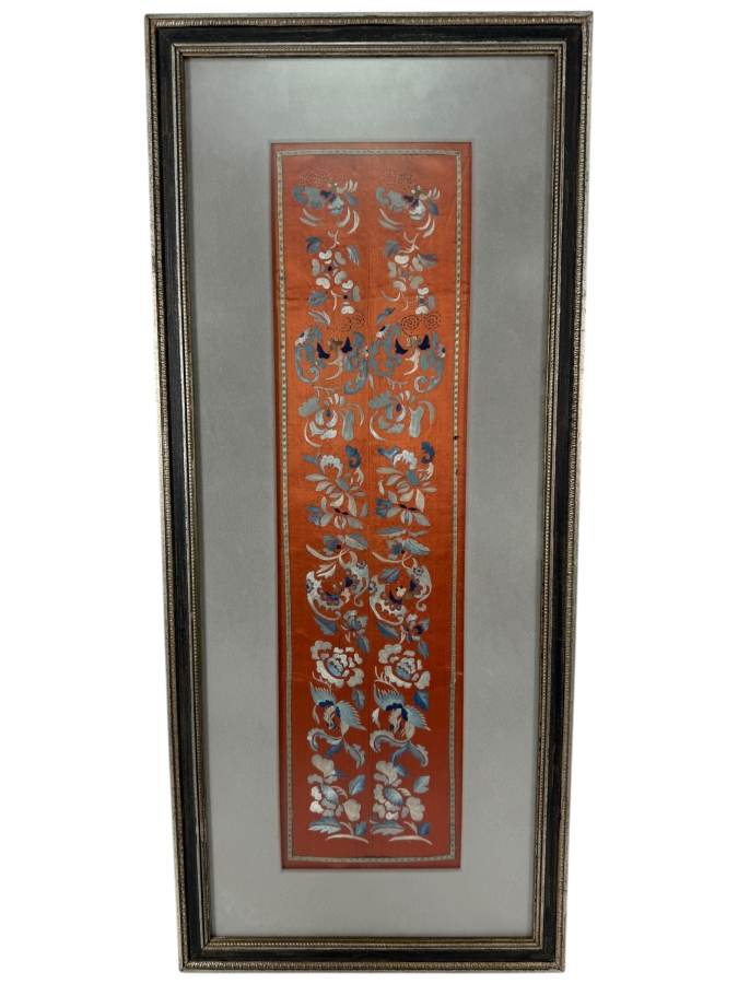 Late Qing Dynasty Chinese Symmetrical Terracotta Silk Embroidery Robe Sleeve Bands Panel 6W X 23H Framed 12.5W X 29.5H [Photo 2]