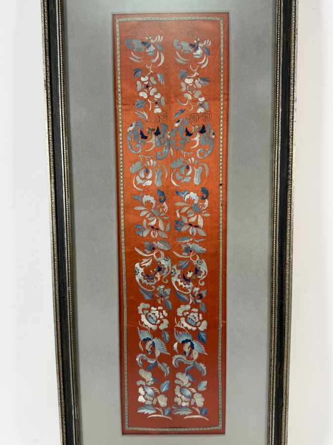 Late Qing Dynasty Chinese Symmetrical Terracotta Silk Embroidery Robe Sleeve Bands Panel 6W X 23H Framed 12.5W X 29.5H