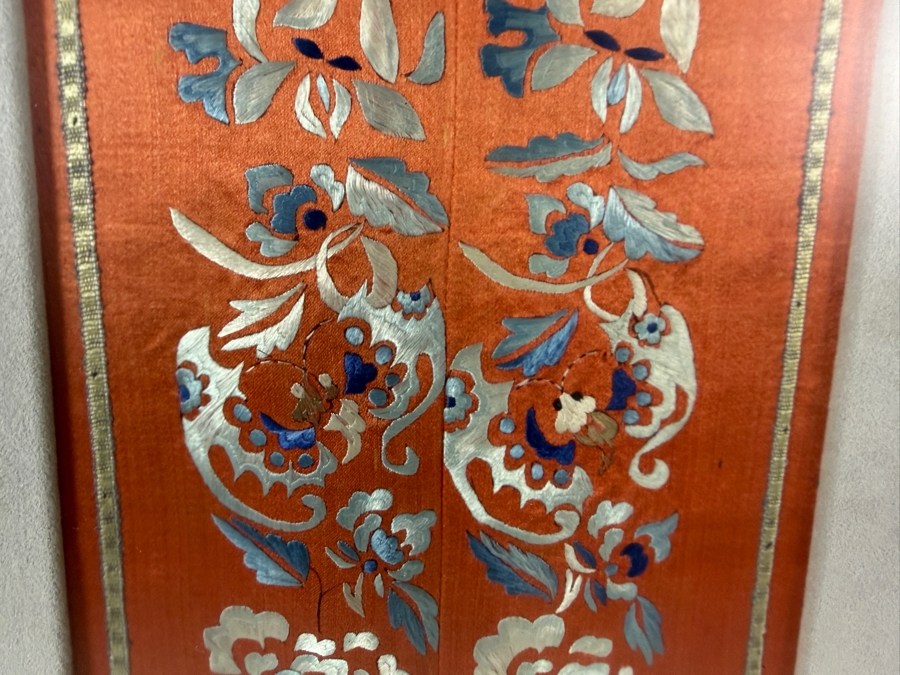 Late Qing Dynasty Chinese Symmetrical Terracotta Silk Embroidery Robe Sleeve Bands Panel 6W X 23H Framed 12.5W X 29.5H [Photo 4]