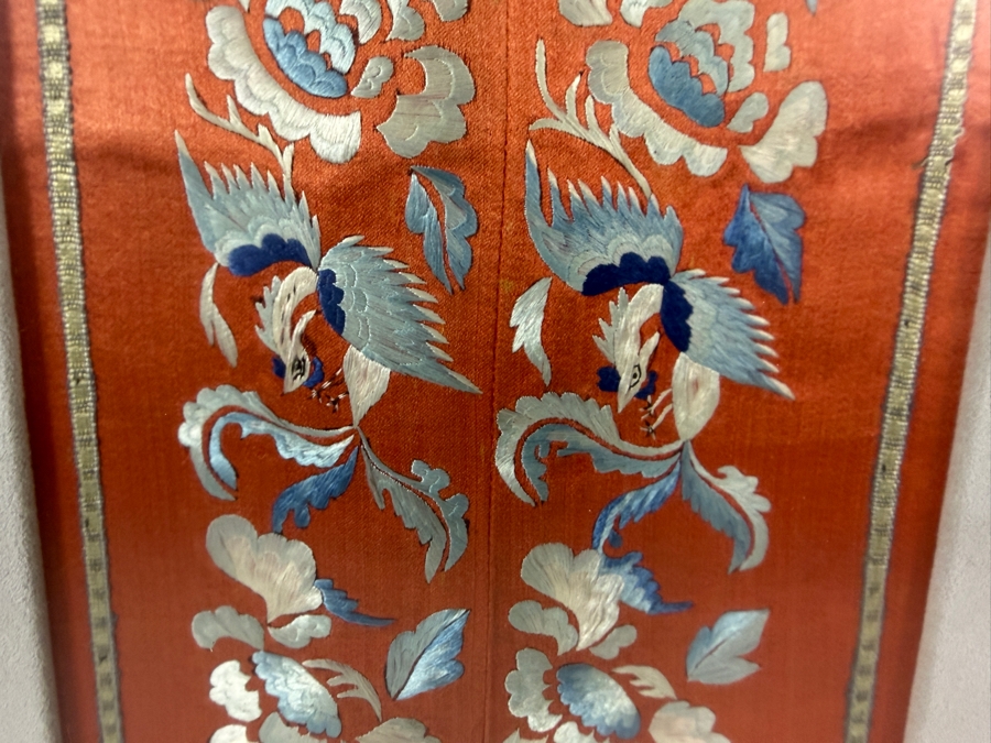 Late Qing Dynasty Chinese Symmetrical Terracotta Silk Embroidery Robe Sleeve Bands Panel 6W X 23H Framed 12.5W X 29.5H [Photo 3]