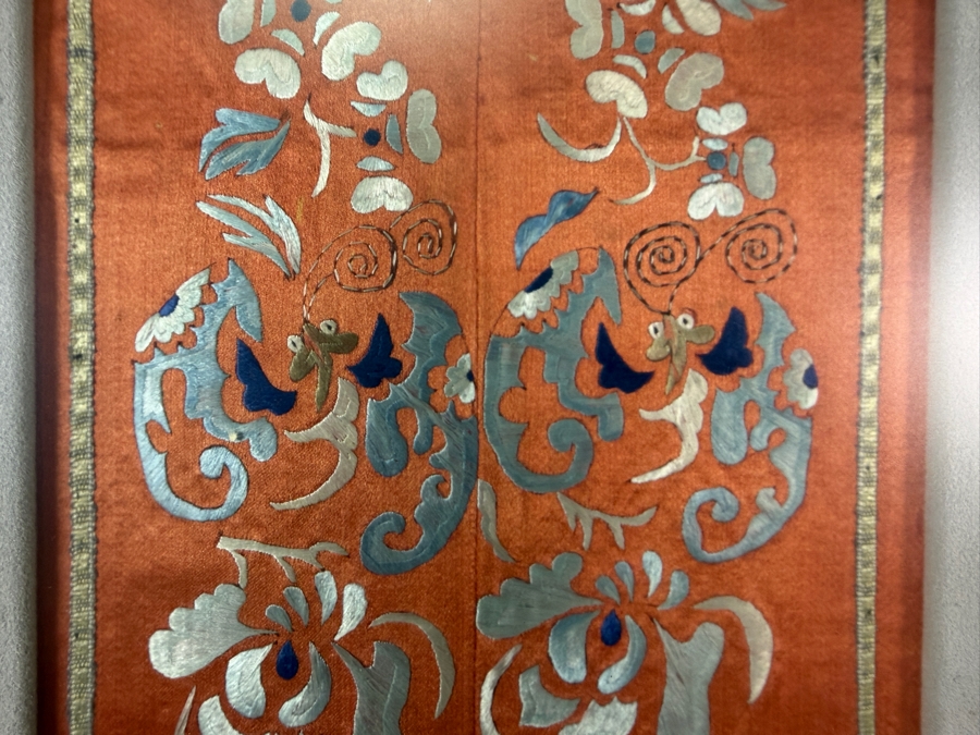 Late Qing Dynasty Chinese Symmetrical Terracotta Silk Embroidery Robe Sleeve Bands Panel 6W X 23H Framed 12.5W X 29.5H [Photo 5]