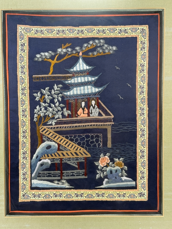 Republic of China Export Era Chinese Embroidered Blue Silk Panel Depicting Figures In A Pagoda Pavilion 10.5W X 14H Framed 18W X 22H