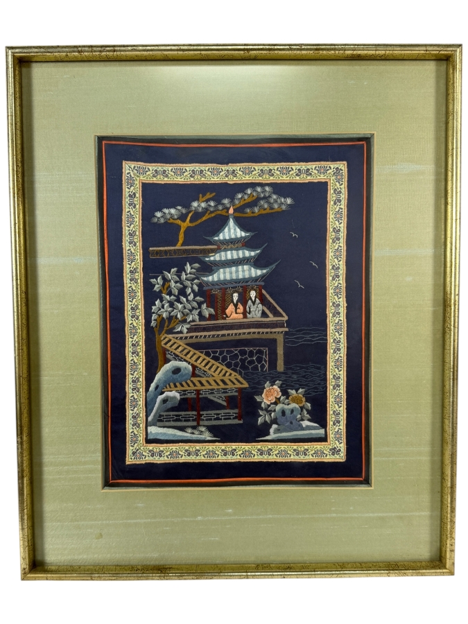 Republic of China Export Era Chinese Embroidered Blue Silk Panel Depicting Figures In A Pagoda Pavilion 10.5W X 14H Framed 18W X 22H [Photo 2]