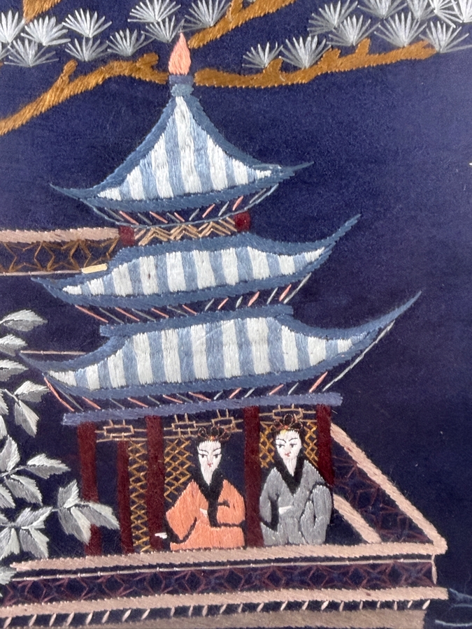Republic of China Export Era Chinese Embroidered Blue Silk Panel Depicting Figures In A Pagoda Pavilion 10.5W X 14H Framed 18W X 22H [Photo 4]