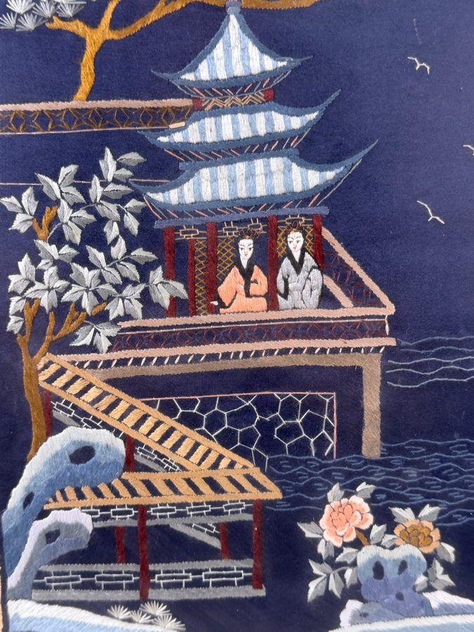 Republic of China Export Era Chinese Embroidered Blue Silk Panel Depicting Figures In A Pagoda Pavilion 10.5W X 14H Framed 18W X 22H [Photo 3]