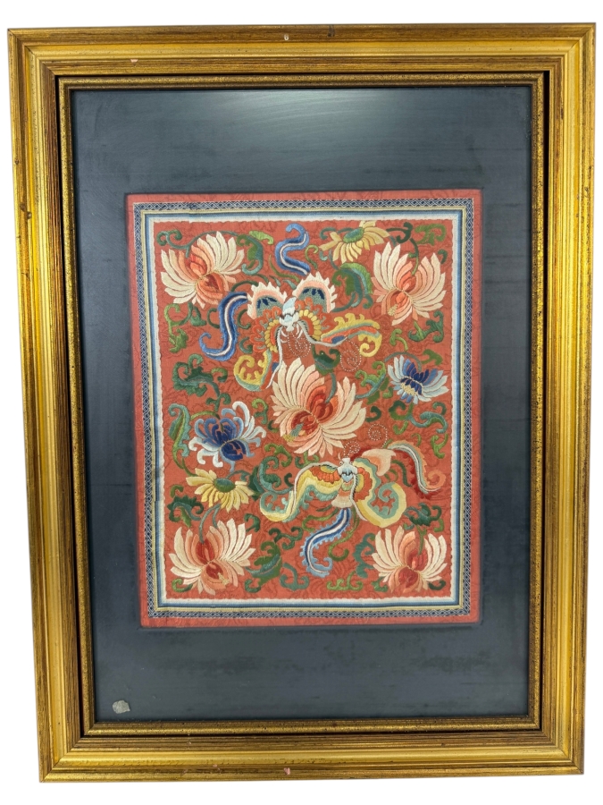 Late Qing Dynasty Chinese Embroidered Red Silk Panel Featuring Phoenix Birds and Lotus Blossoms 10W X 13H Gilt Framed 15.5W X 22H [Photo 2]