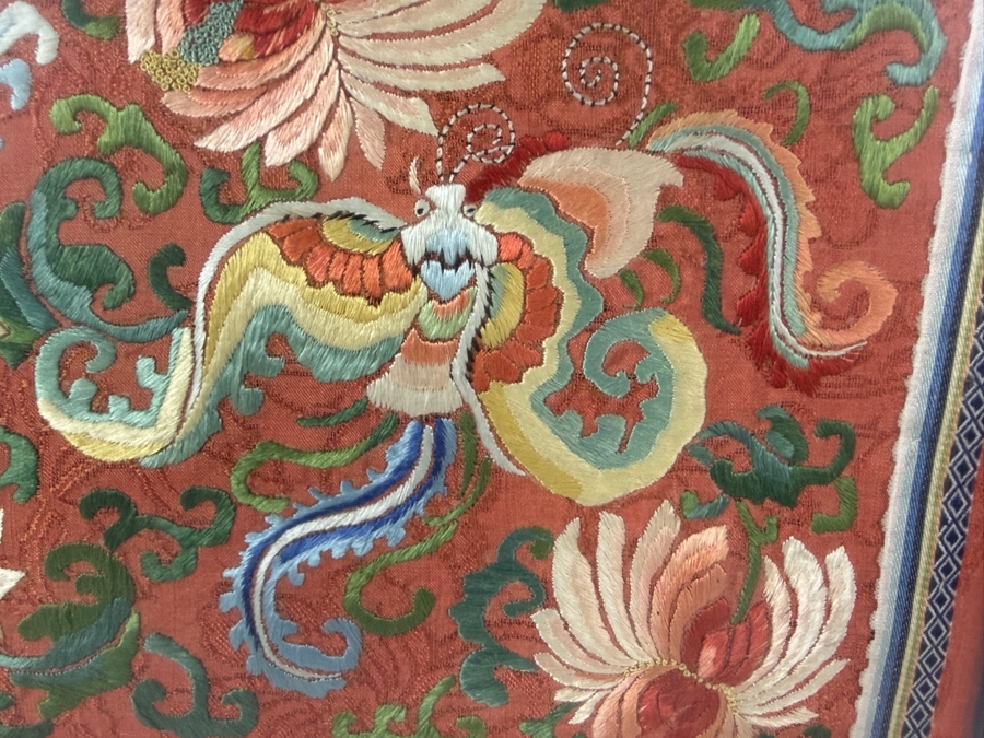 Late Qing Dynasty Chinese Embroidered Red Silk Panel Featuring Phoenix Birds and Lotus Blossoms 10W X 13H Gilt Framed 15.5W X 22H [Photo 3]