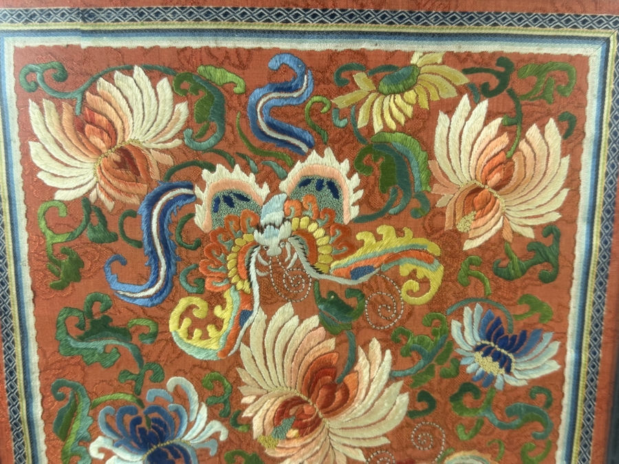 Late Qing Dynasty Chinese Embroidered Red Silk Panel Featuring Phoenix Birds and Lotus Blossoms 10W X 13H Gilt Framed 15.5W X 22H [Photo 6]