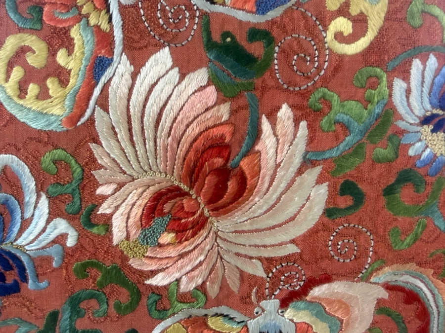 Late Qing Dynasty Chinese Embroidered Red Silk Panel Featuring Phoenix Birds and Lotus Blossoms 10W X 13H Gilt Framed 15.5W X 22H [Photo 4]