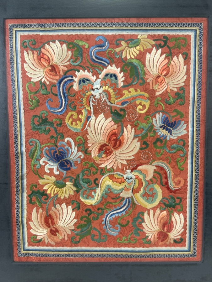 Late Qing Dynasty Chinese Embroidered Red Silk Panel Featuring Phoenix Birds and Lotus Blossoms 10W X 13H Gilt Framed 15.5W X 22H