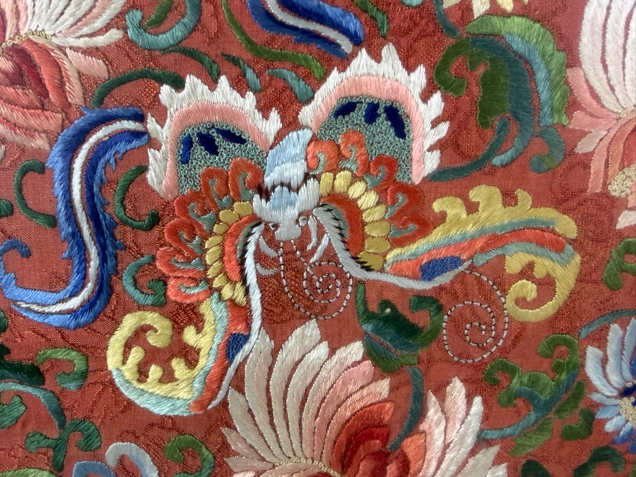 Late Qing Dynasty Chinese Embroidered Red Silk Panel Featuring Phoenix Birds and Lotus Blossoms 10W X 13H Gilt Framed 15.5W X 22H [Photo 5]