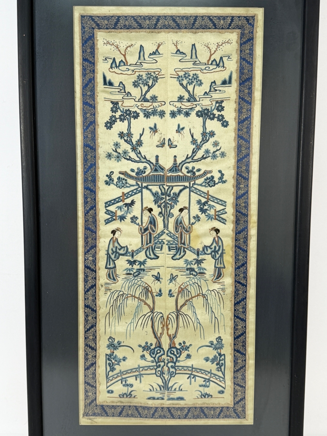 Late Qing Dynasty Symmetrical Cream Silk Embroidery Sleeve Band Robe Panel Depicting Court Ladies In A Garden Pavilion 9W X 21H Black Framed 14W X 26.5H