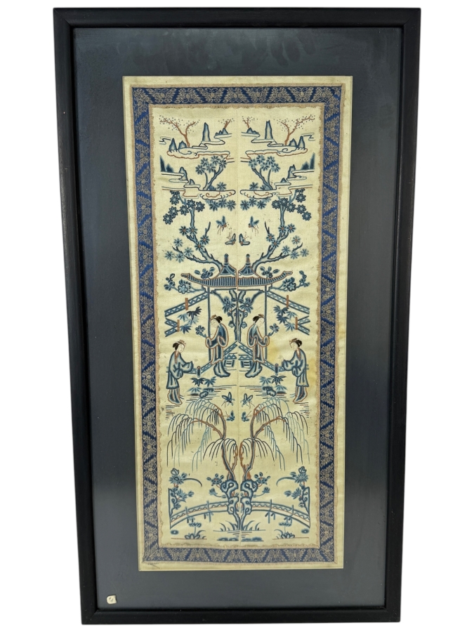 Late Qing Dynasty Symmetrical Cream Silk Embroidery Sleeve Band Robe Panel Depicting Court Ladies In A Garden Pavilion 9W X 21H Black Framed 14W X 26.5H [Photo 2]